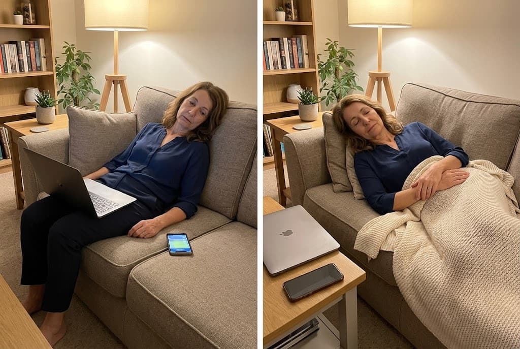 The same woman drained in an armchair, then sitting up calm with tea