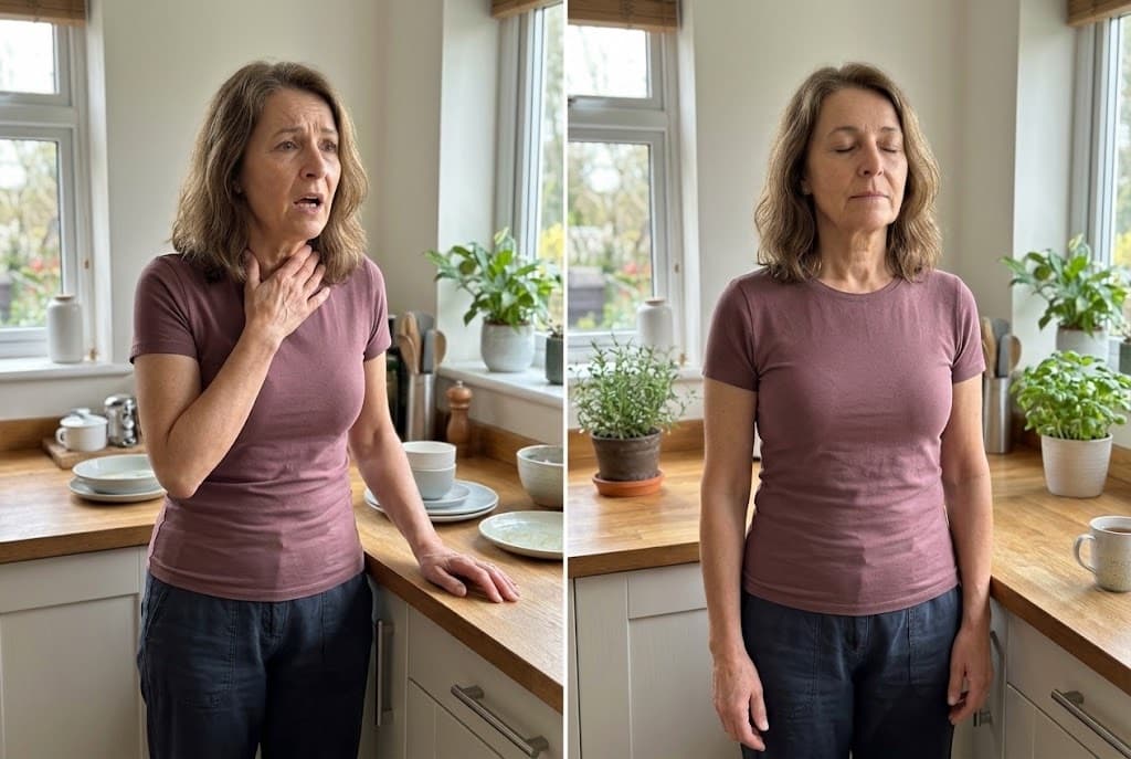 The same woman flushed and lost mid-thought at the kitchen counter, then calm with a mug