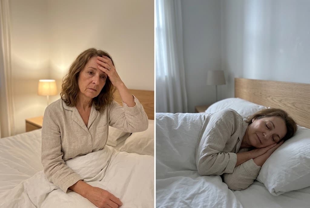 The same woman awake in bed at 3 am, then stretching in morning light