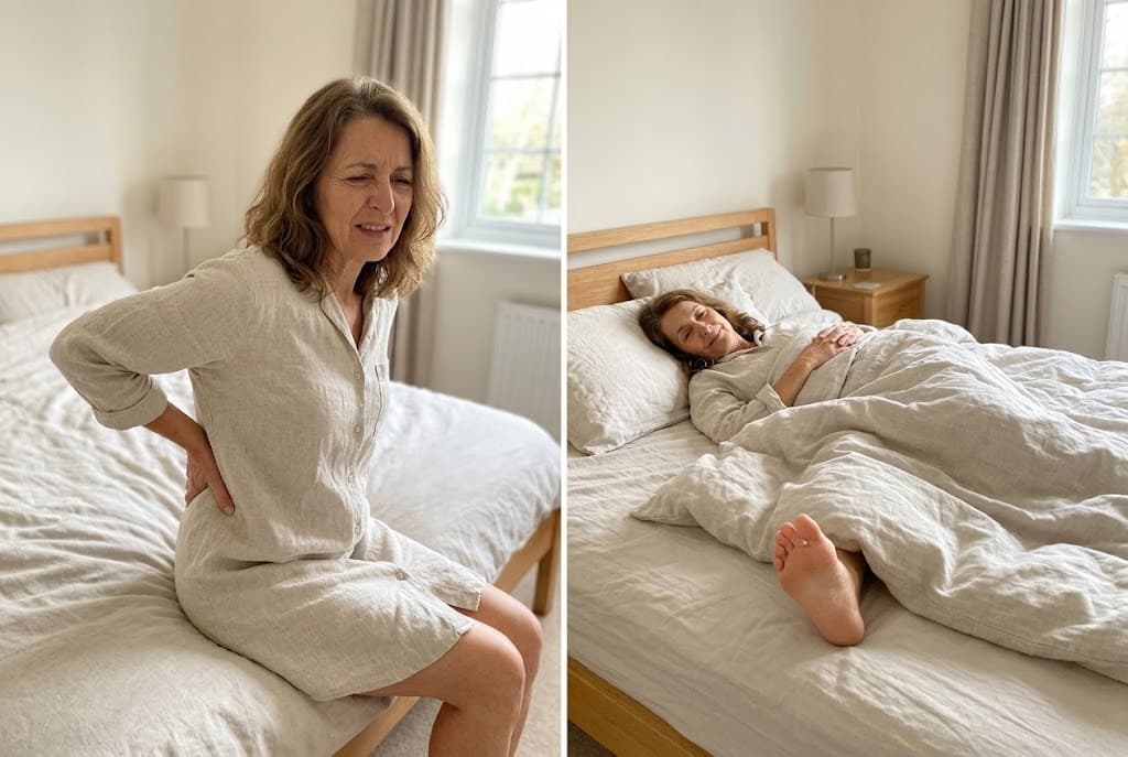 The same woman stiff on the edge of the bed, then stretching easily by the window