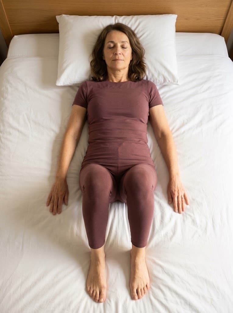 A woman lying on her back on a made bed, arms by her sides, eyes closed.