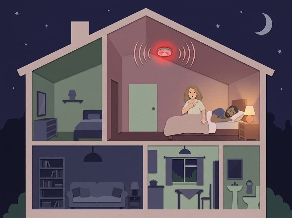Illustration of a house at night, cut away: a smoke alarm ringing over the bedroom while a woman sits up wide awake