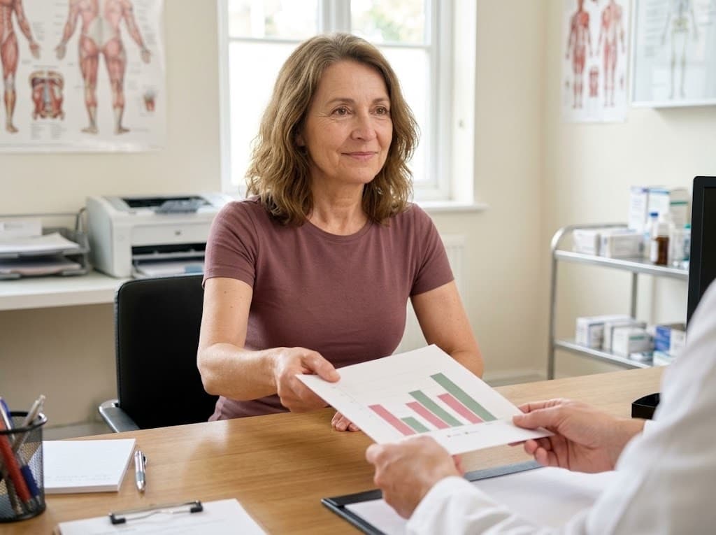 A woman sliding a printed one-page chart across a desk to her doctor