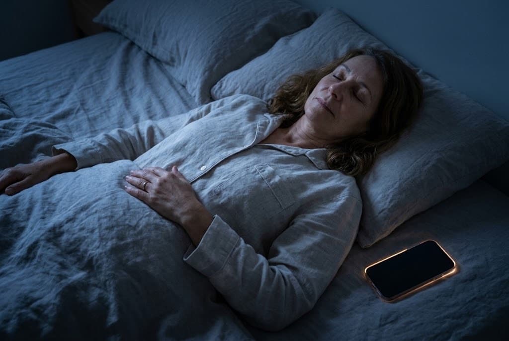 A woman lying in bed in a dark room, eyes closed, a phone face down beside her