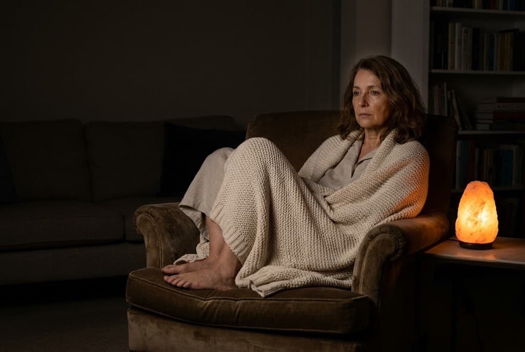 A woman sitting quietly in an armchair in a dim room, waiting to feel sleepy